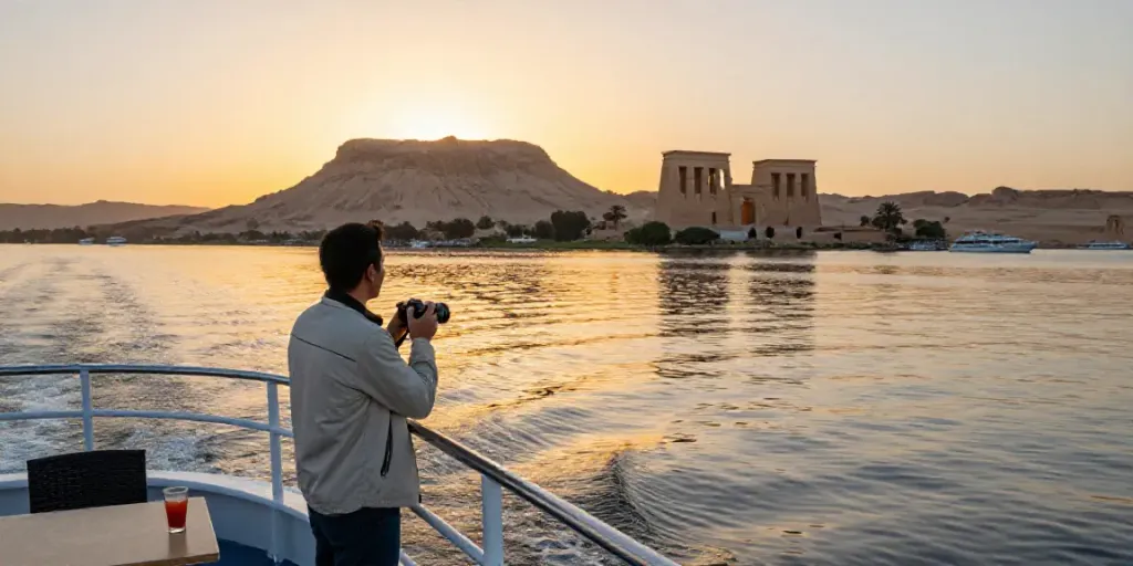 Captivating view of a Lake Nasser Cruise at sunset with traveler enjoying the serene waters.