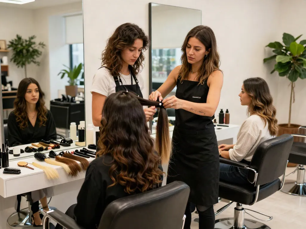 Client enjoying professional application of hair extensions and accessories in a chic salon.
