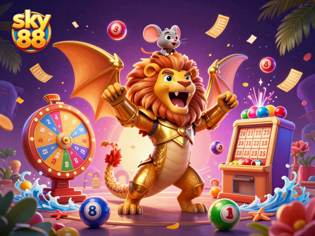 Engage with the vibrant world of sky 88, featuring a roaring chimera and colorful lottery elements in a dynamic casino scene.
