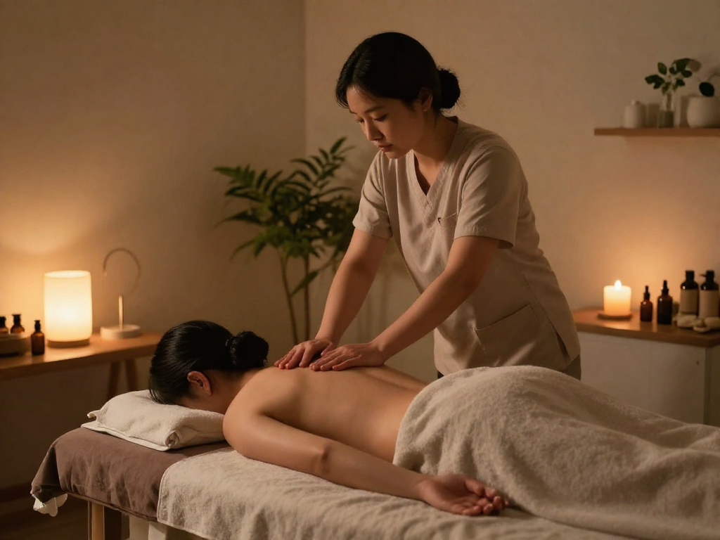 Client receiving 인천출장마사지 in a peaceful home setting with calming decor.