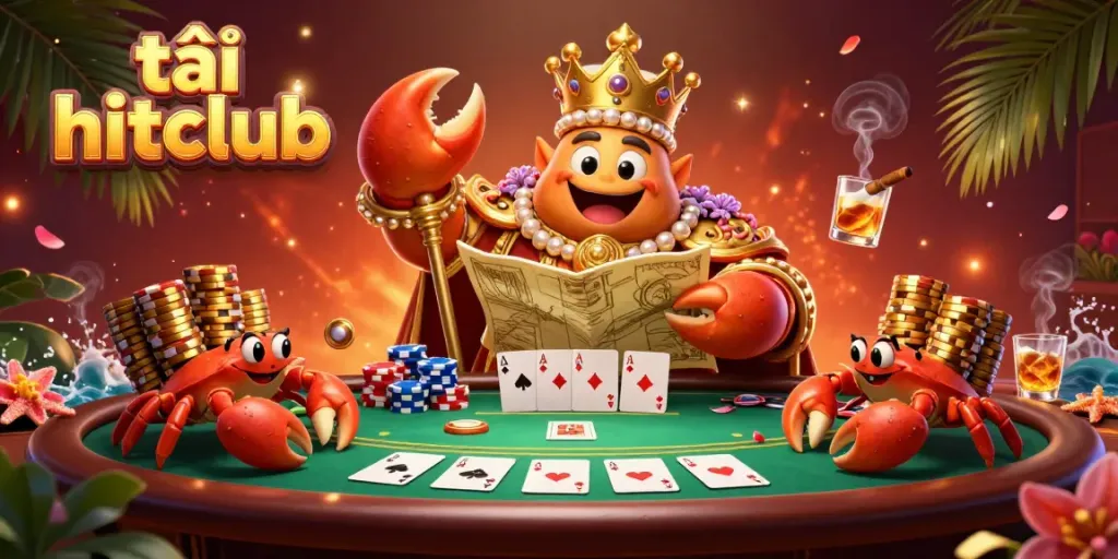 Engage with exciting gameplay at tải hitclub with a vibrant 3D casino scene including poker and golden treasures.