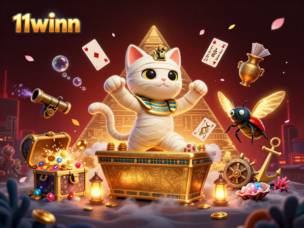 Join the excitement at 11winn with a dynamic scene of a mummy cat and gambling treasures!