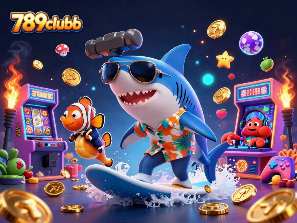 Experience the excitement of 789clubb with a vibrant casino scene featuring a surfing shark and animated characters.