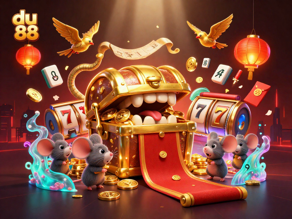 Experience thrilling jackpots at du 88 with a vibrant scene of golden treasures and casino elements.