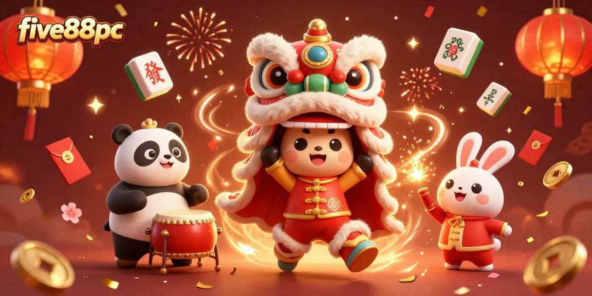 Experience thrilling gameplay at five88pc with lively characters and festive elements in this vibrant illustration.