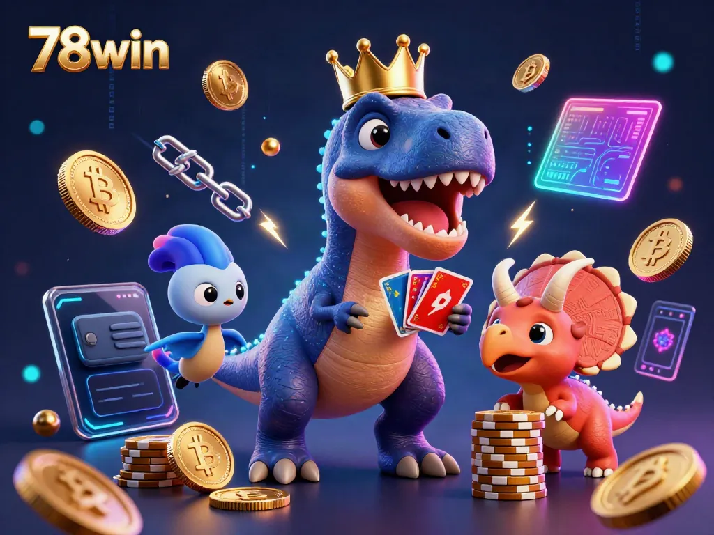 Explore the vibrant gaming scene at 78win with whimsical characters amidst digital casino elements.