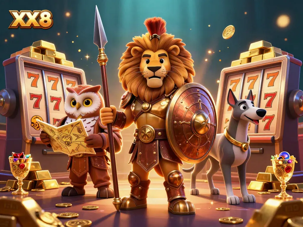 Spartan lion and owl strategists celebrate a winning moment at the XX 8 themed casino.
