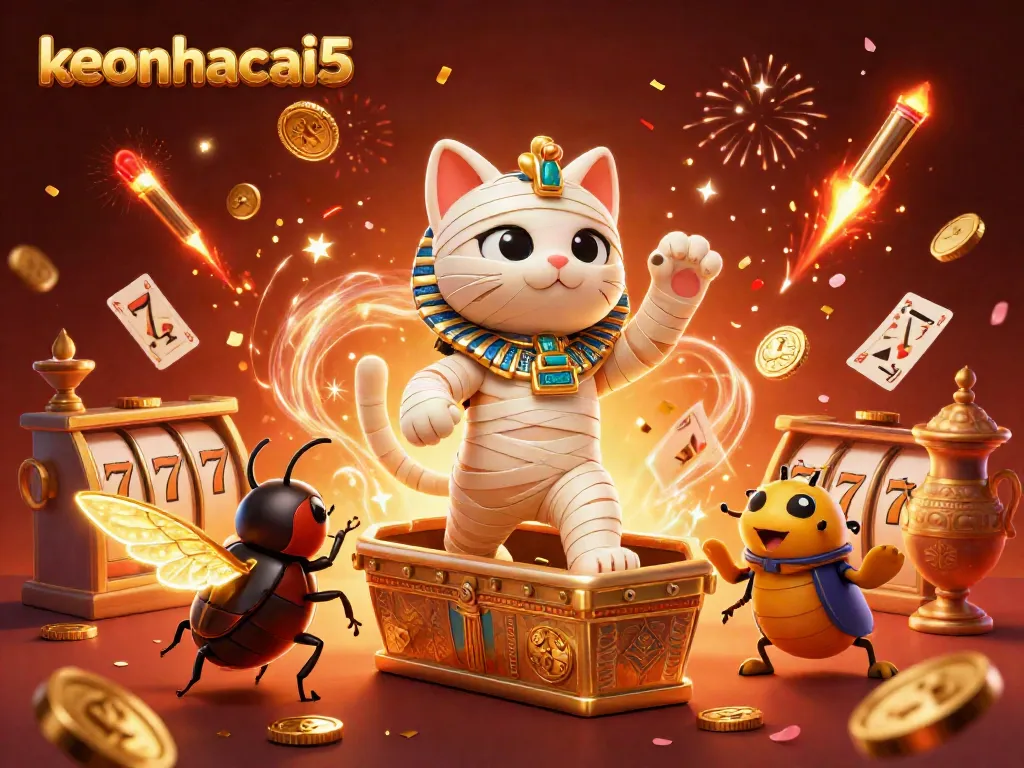 Watch the keonhacai5 mummy cat bring luck with vibrant slot reels and celebratory fireworks!