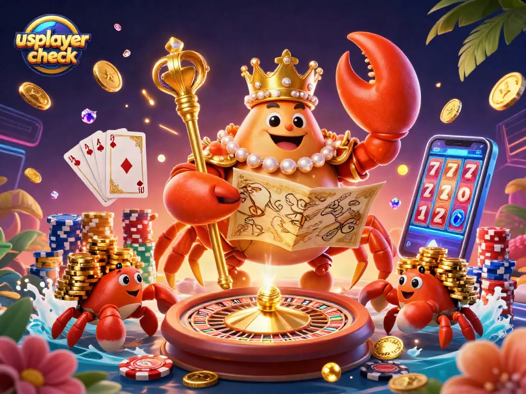 Experience excitement with usplayercheck as the golden crab emperor surveys a 3D casino landscape filled with treasures.