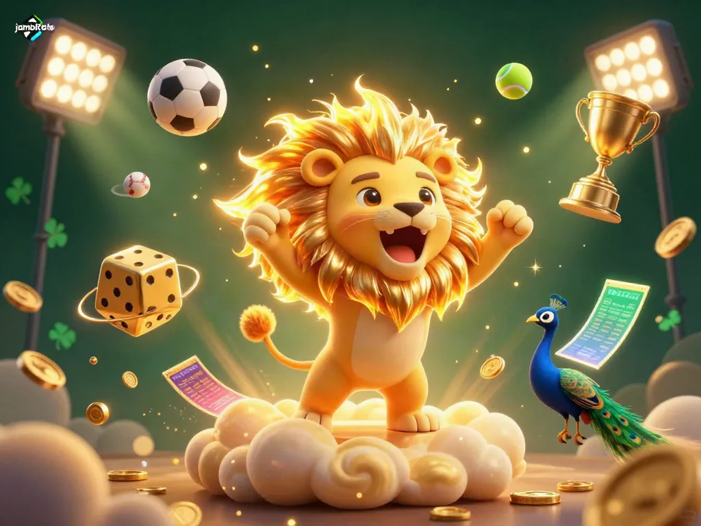 Experience the thrill of jambitoto in this dynamic 3D illustration featuring a cartoon lion, golden dice, and vibrant casino action.