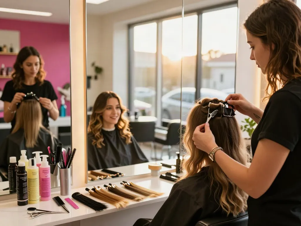 Stylish hairstylist applying huaman hair extensions and accessories in a vibrant salon.