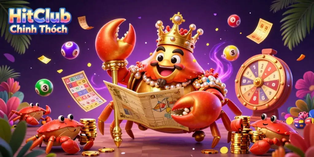 Engage in thrilling gameplay with HitClub Chính Thức as golden crab emperor oversees a vibrant casino scene filled with dynamic game elements.