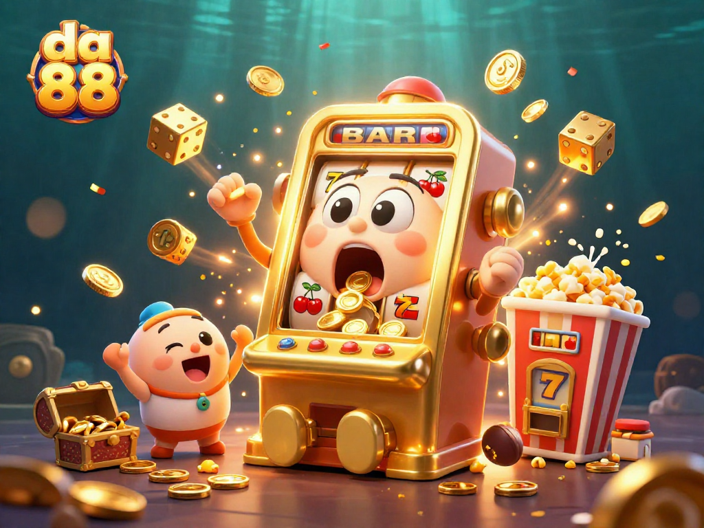 Experience thrilling wins at da 88 as the golden slot machine hits a jackpot amidst a burst of coins and exciting symbols.