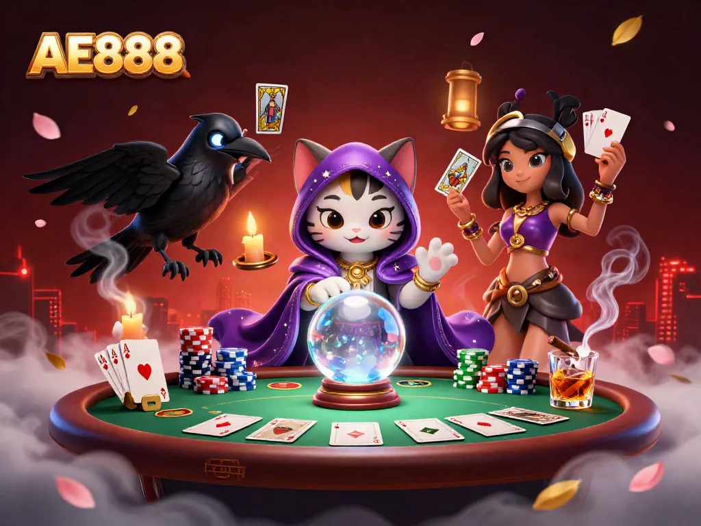 Engage with the exciting AE888 gaming scene, showcasing mystical characters and poker elements.