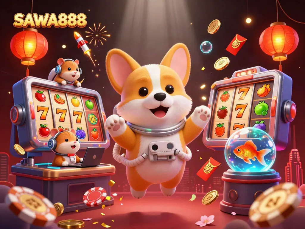Experience the thrill of gaming with SAWA888's captivating casino scene featuring floating characters and vibrant elements.