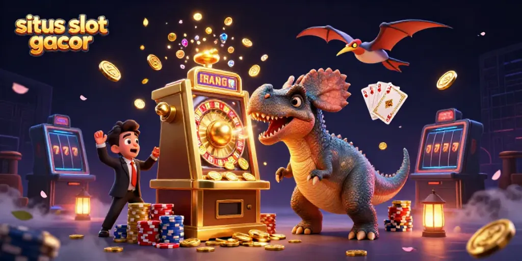 Experience the excitement of situs slot gacor with a 3D illustration of a pachycephalosaurus jackpot scene.
