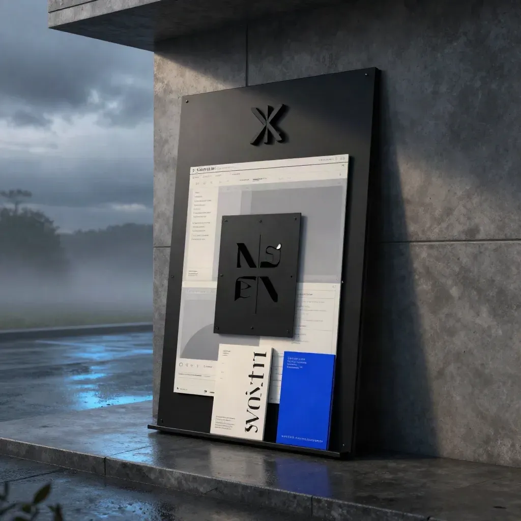 Matte-black critique board with wireframes, audit cards and a cobalt accent in rain-dark mist.