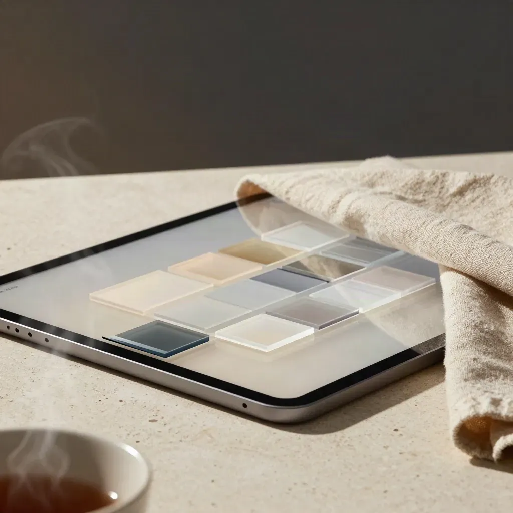 Tablet and acrylic tiles aligning on a studio worktable with linen and steam