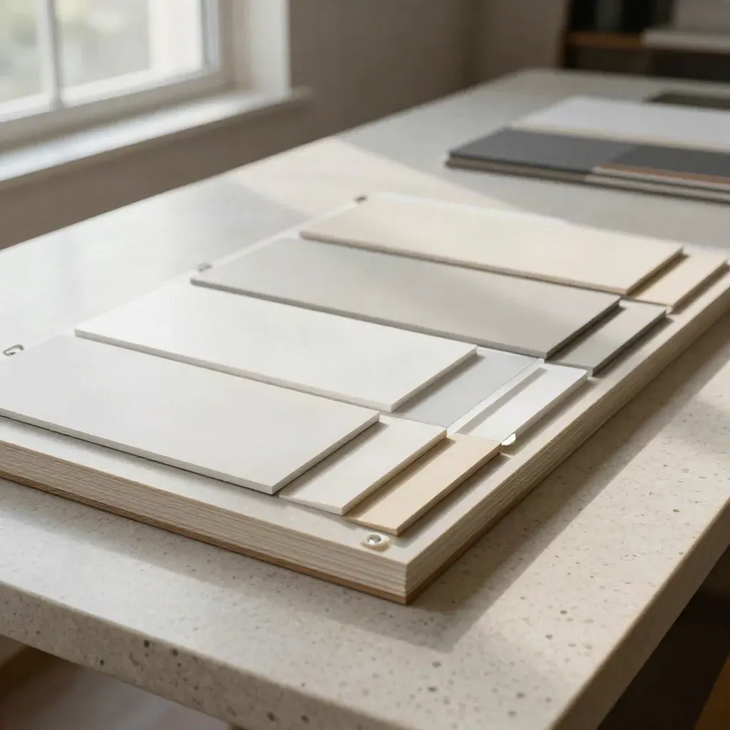 Brand boards and spacing tabs shift on a travertine studio table in soft daylight.