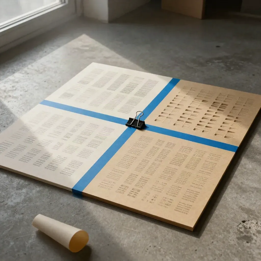 Top-down of two type specimen boards with blue strips and a black binder clip on concrete.
