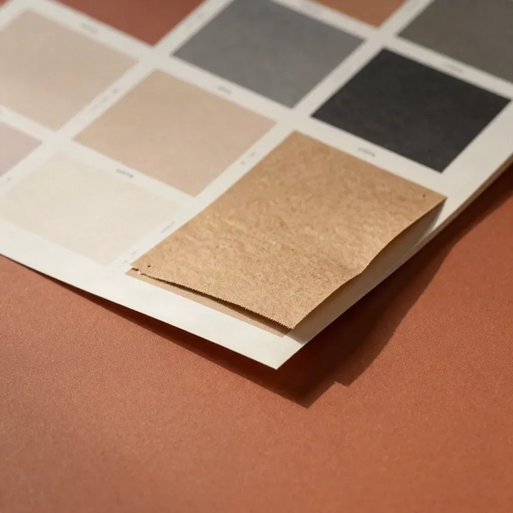 Overhead macro of misaligned page mockups, margin tabs, swatches and a kraft divider on terracotta board.