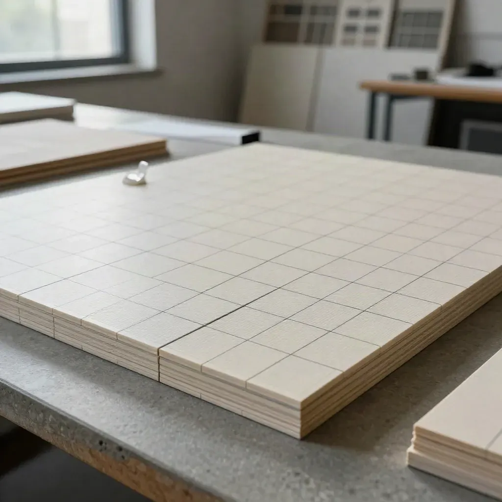 Logo grid board with tracing sheets and a paperweight in a moody design studio