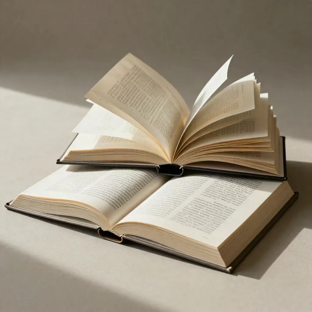 Open type books with paper strips and a binder clip on a studio tabletop.