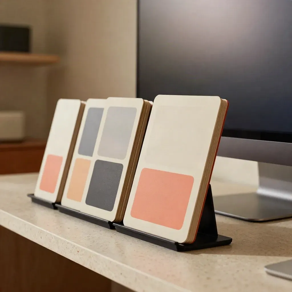 Travertine studio bench with stacked UI audit cards, tray, and angled monitor in warm daylight.