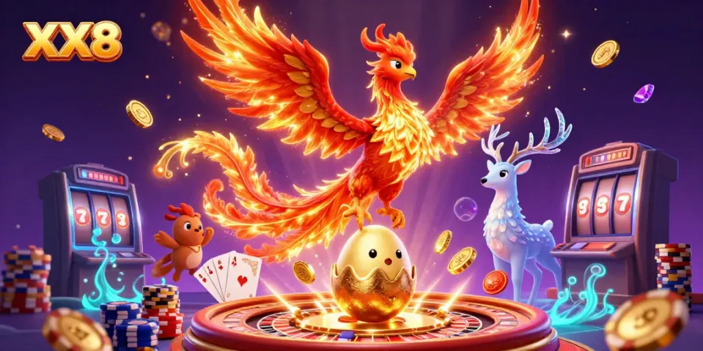 Engage with the vibrant online gaming scene featuring XX8, showcasing dynamic phoenix characters and casino elements.