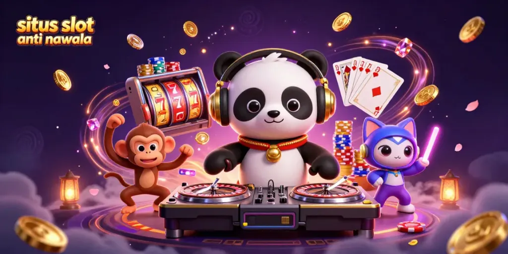 Sparkling scene revealing situs slot anti nawala with DJ panda, monkey dancing, and glowing kitten amidst casino game symbols.