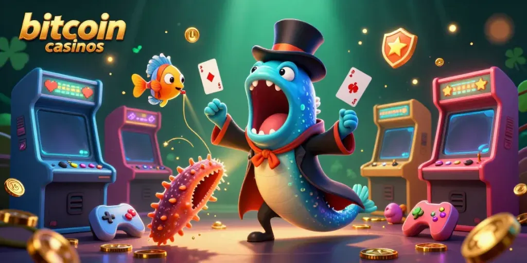 Experience the excitement of bitcoin casinos with animated sea creatures performing magic tricks surrounded by vibrant gaming elements.