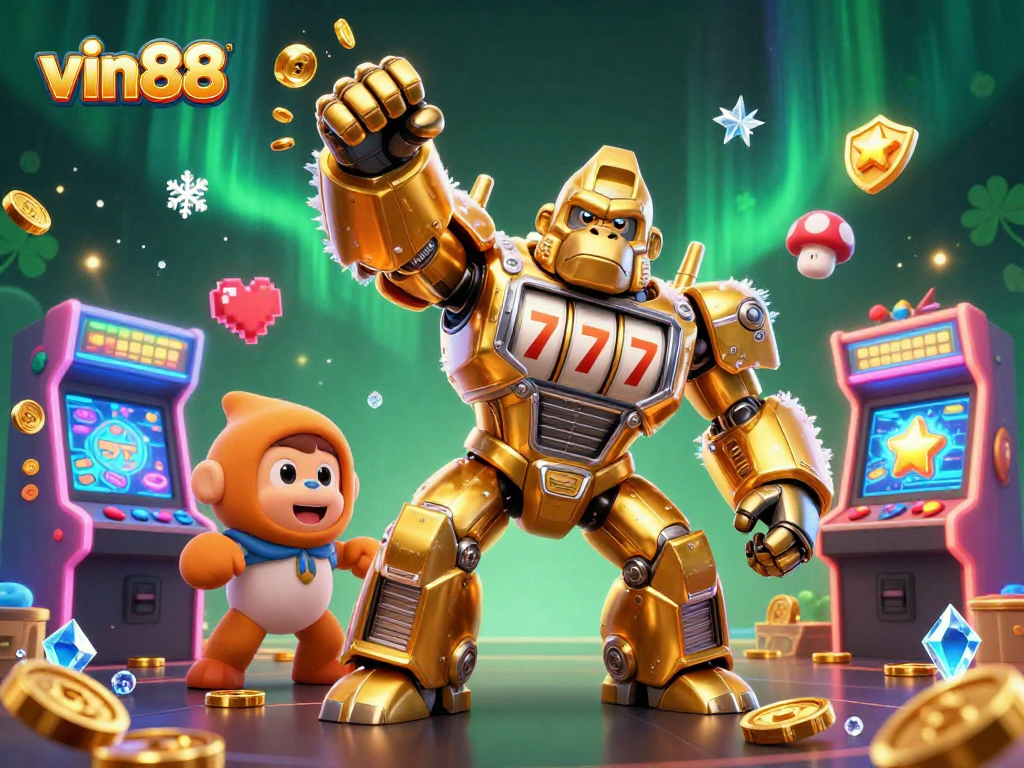 Experience excitement with vin88 in a colorful 3D gaming scene featuring a golden gorilla mech and slot elements.