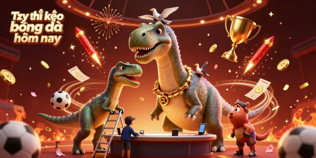Tỷ lệ kèo bóng đá hôm nay showcases a vibrant sports betting scene with a brontosaurus and a clever raptor in action.