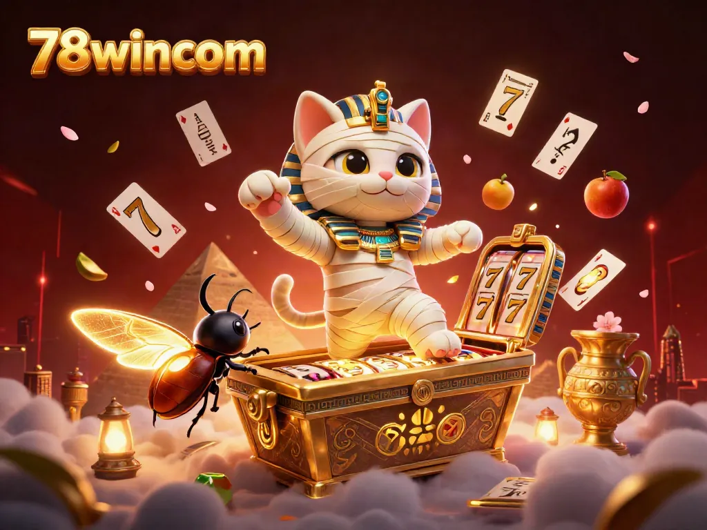 78wincom engages players with thrilling slot reels and dynamic casino action in an ancient pyramid backdrop.