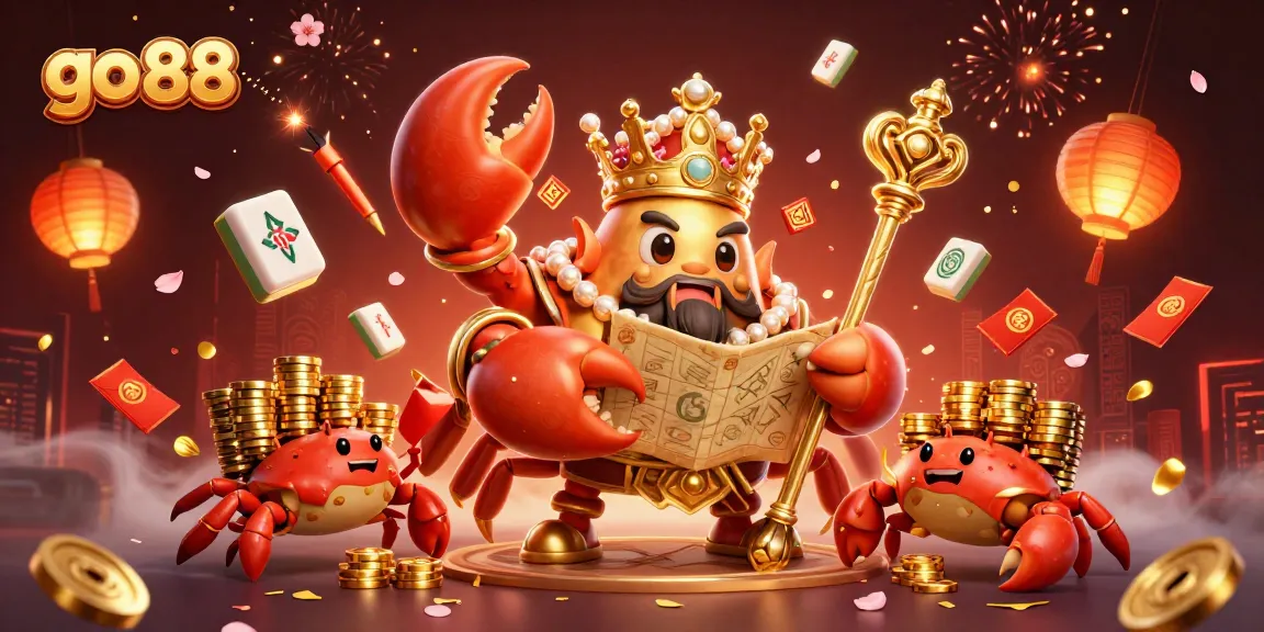 Experience thrilling gameplay with go 88 in a vibrant, 3D cartoon casino scene featuring a golden crab emperor.