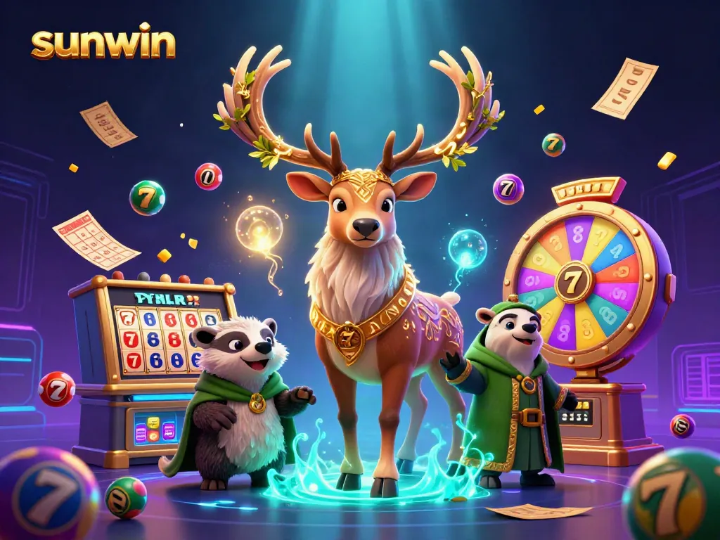 sunwin's thrilling jackpot scene featuring a druid stag, a badger, and vibrant gaming elements in a magical setting