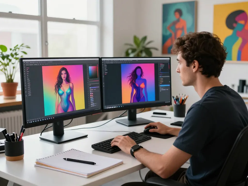 Innovative workspace highlighting sex AI artistic applications with vibrant generative art on screens.