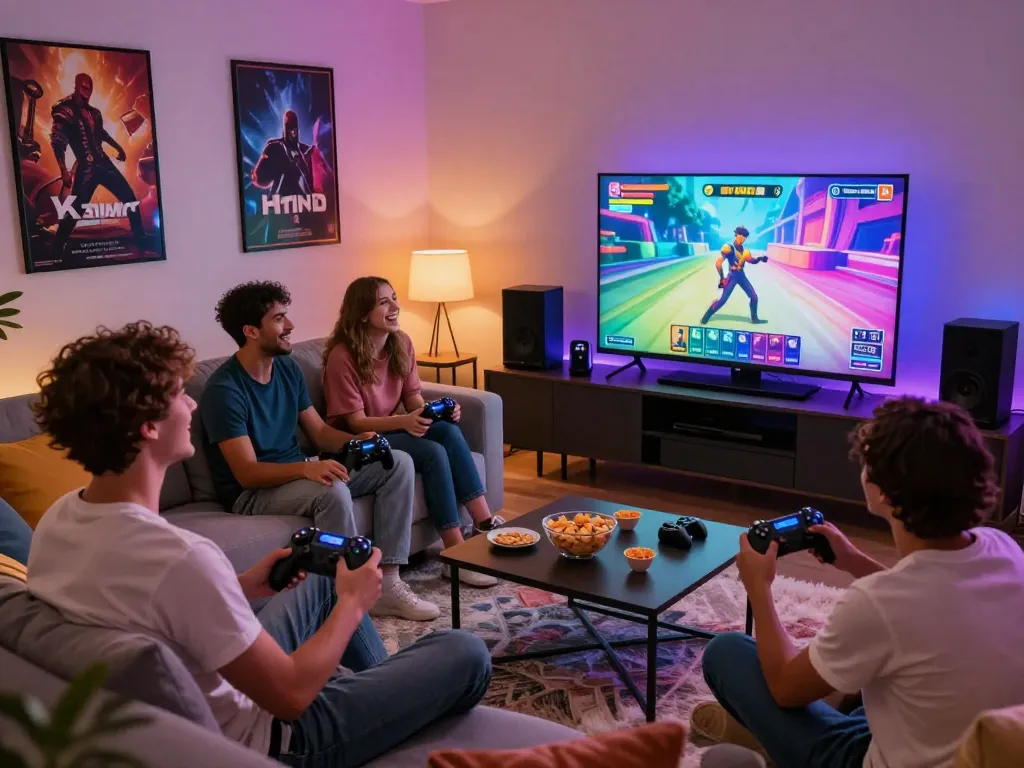 Group playing engaging HTML porn games in a vibrant gaming room.