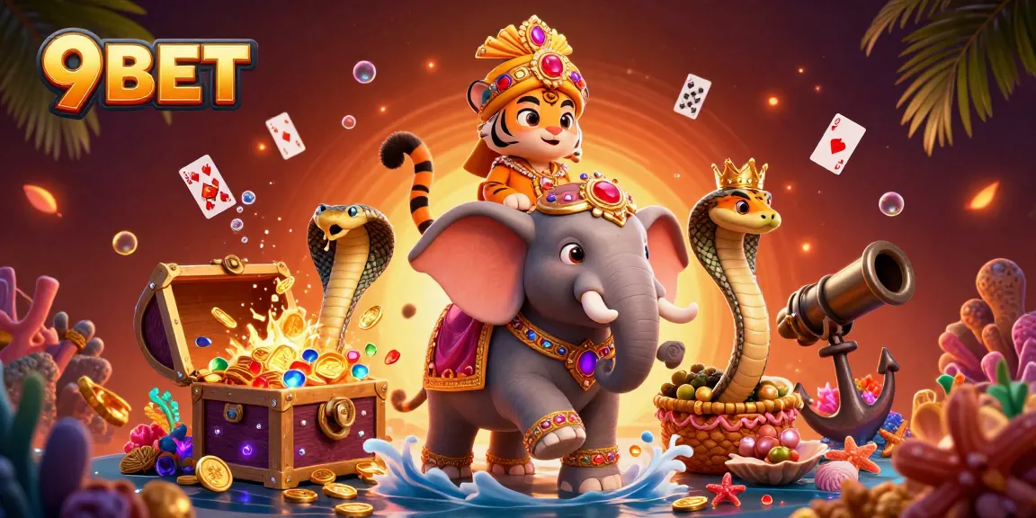 Experience thrilling action with 9BET featuring a cartoon maharaja riding an elephant in an underwater casino.