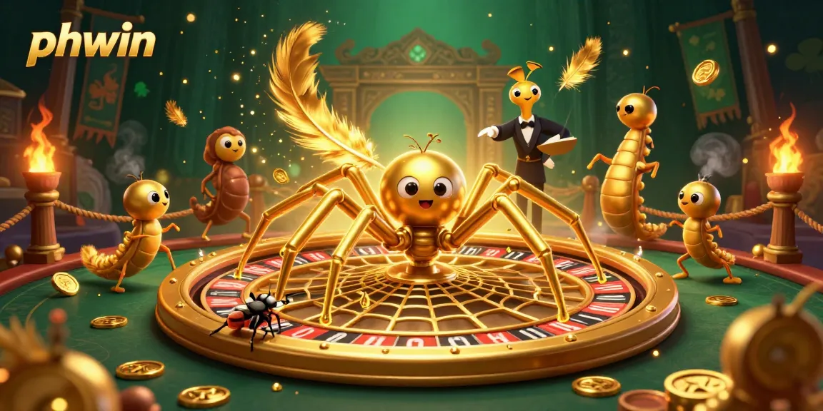 Experience betting excitement with phwin in a dynamic 3D illustration featuring a golden spider and centipede croupier.