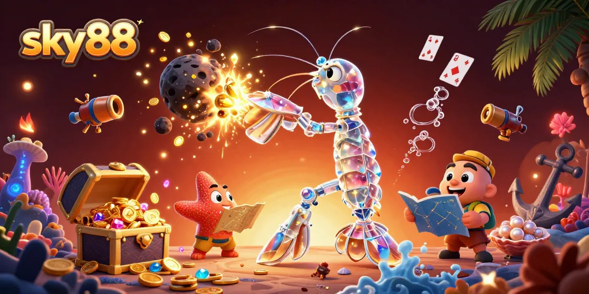 Sky88 showcases an epic battle scene with a samurai shrimp amidst casino treasures and underwater elements.