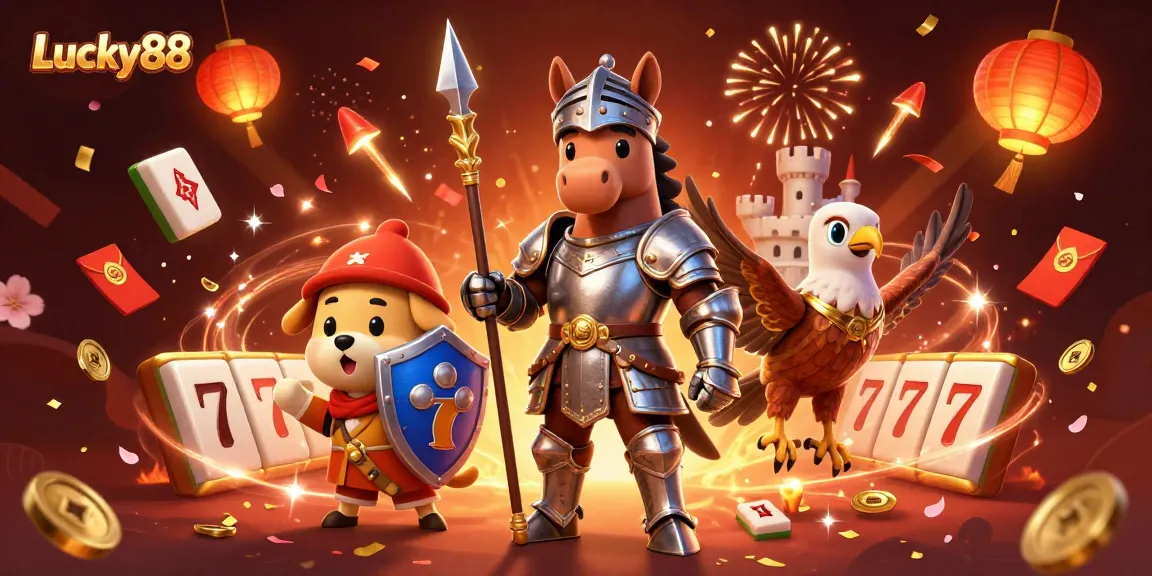 Engage with Lucky88's exciting online gaming experience featuring a knight, puppy, and falcon in a vibrant casino scene.