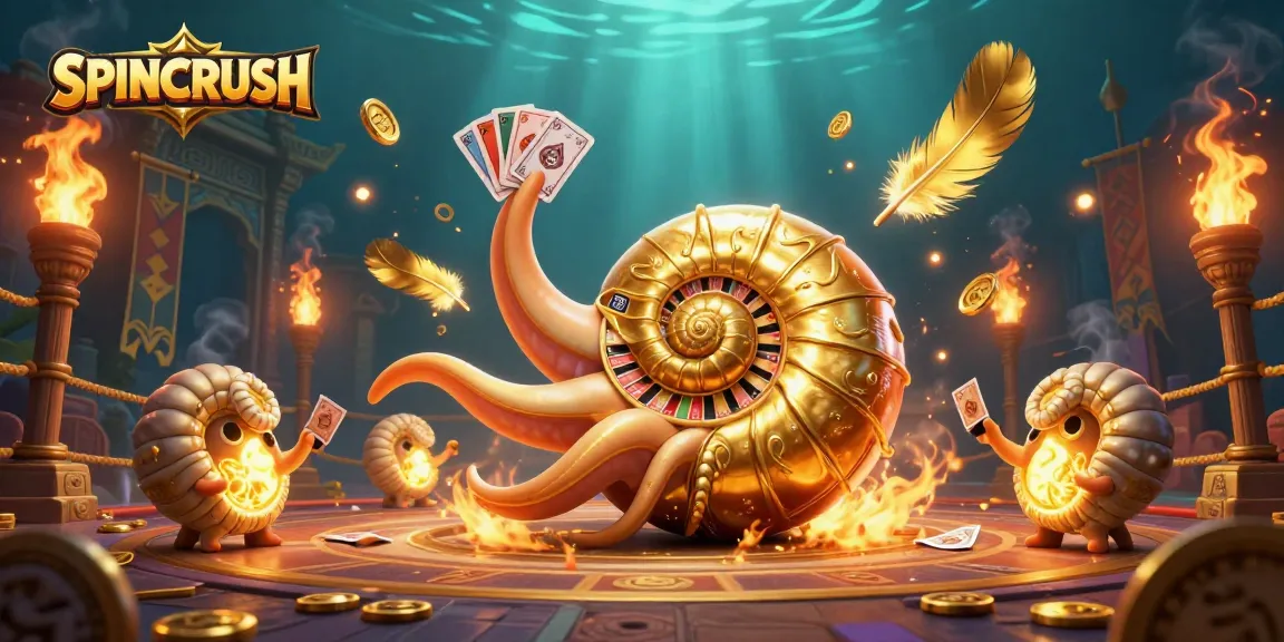 SpinCRUSH unleashes exciting gameplay with a giant nautilus roulette and glowing ammonite companions.