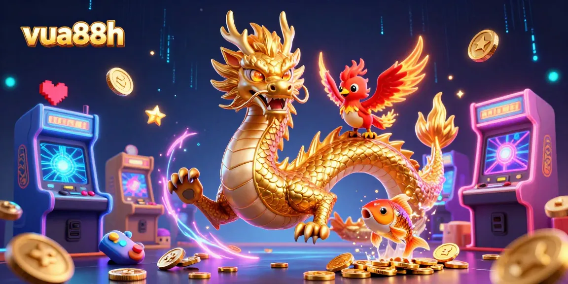 Engage with the vibrant world of vua88h featuring a majestic dragon, phoenix, and koi in a colorful casino-themed scene.