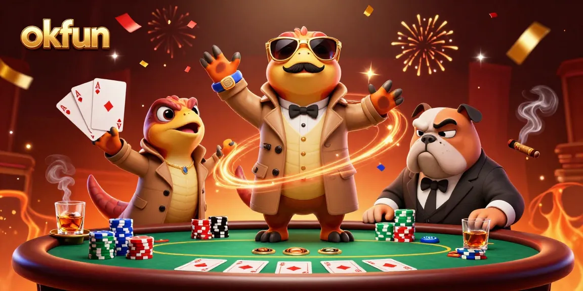 Engage with okfun in a vibrant casino scene featuring raptors in disguise at a VIP lounge.