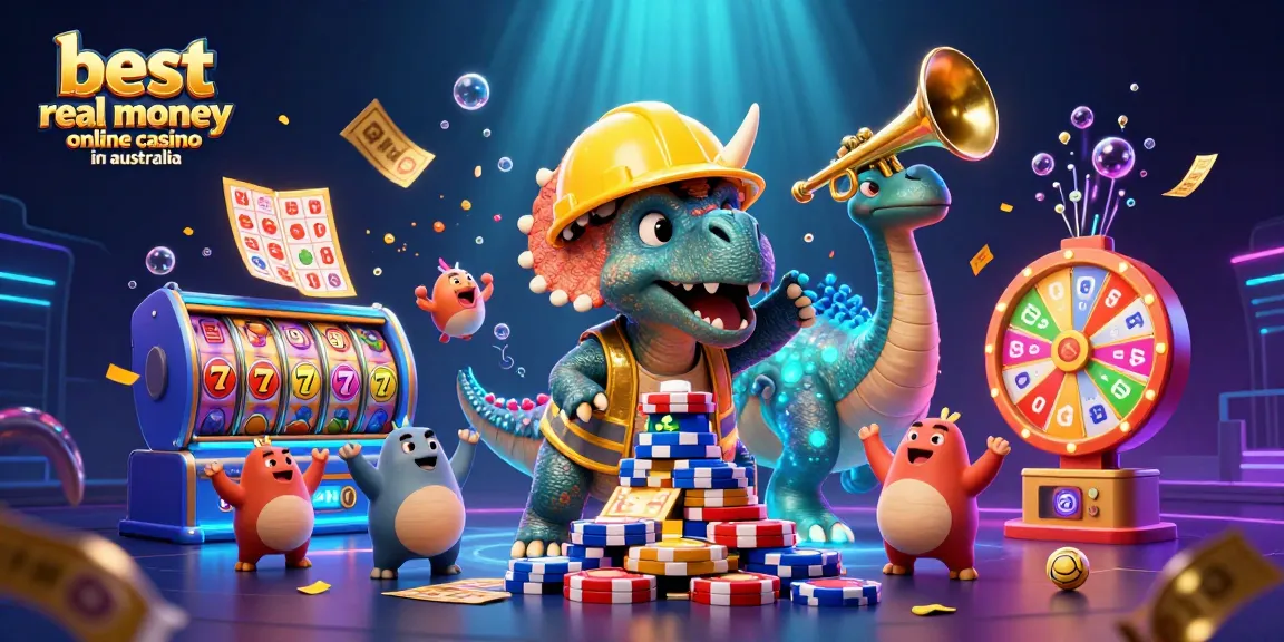 Engage in thrilling play at the best real money online casino in Australia, showcasing vibrant slot reels and festive characters.