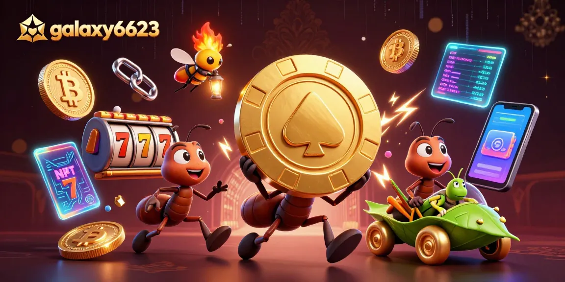 Engage with galaxy6623 as ants pull off a casino heist with golden poker chips amid vibrant gaming elements.