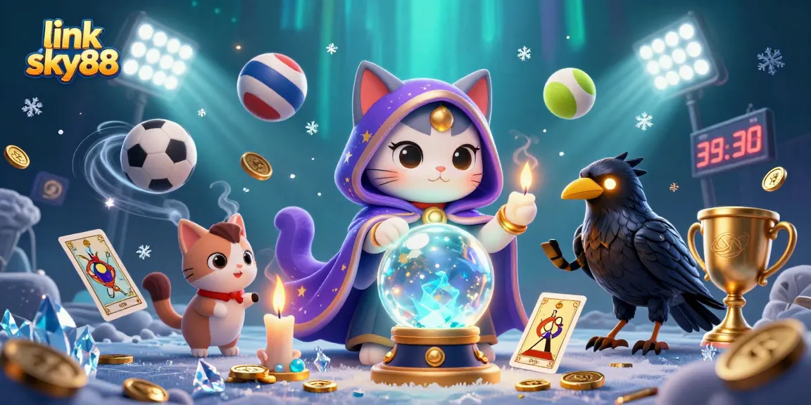 Experience thrilling gameplay with link sky88, featuring a mystical cat fortune teller and a sporty raven in a vibrant casino scene.