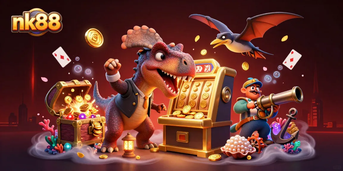 nk88 features a dinosaur winning a jackpot amid a vibrant casino scene with gold coins flying.