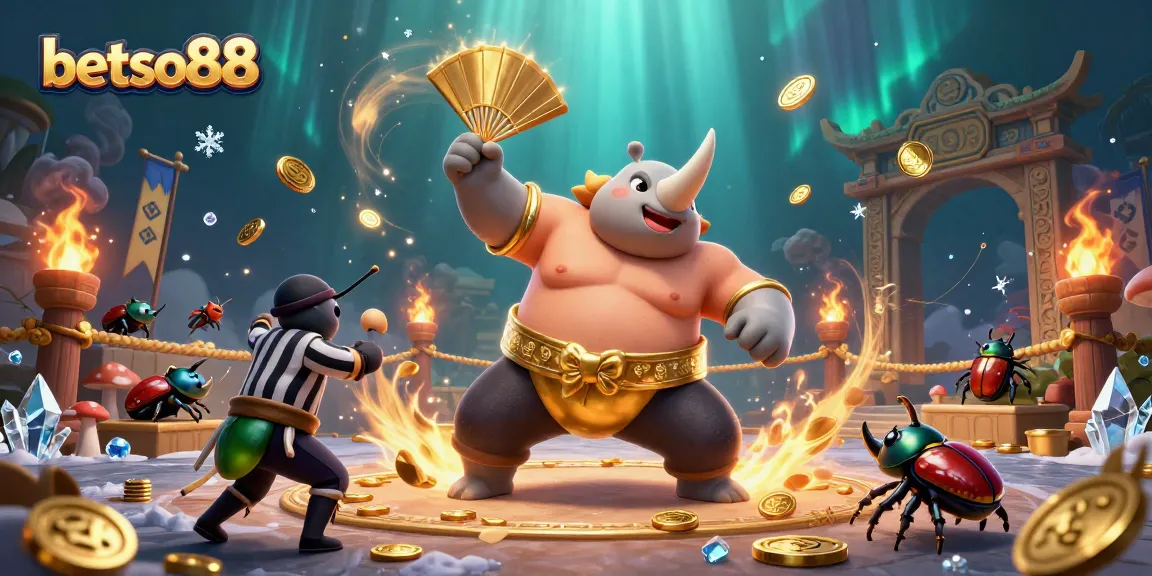 Experience thrilling bets on betso88 with a vibrant 3D sumo beetle champion smashing coins and a cricket referee.